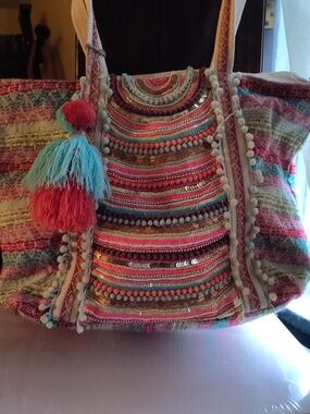 American+Beyond Boho Multicolor Beaded Tassel Tote Bag